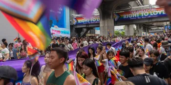 Participants in the 2024 Bangkok Pride parade, which took place on Saturday (1 June), marched through the Siam shopping district holding rainbow flags.