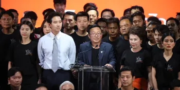 Chaithawat Tulathon speaking during the 7 August press conference after the Move Forward Party's dissolution.