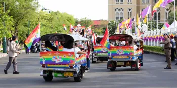 Tuk tuks adorned with rainbow flags arriving at Government House on 18 June to celebrate the Senate passing the Marriage Equality bill.