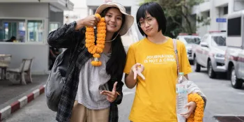 Wanwalee Thammasattaya (left) and Benja Apan (right) at court on 24 March. (Photo by Ginger Cat)