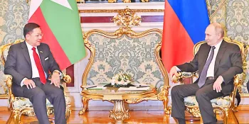 Min Aung Hlaing meeting Vladimir Putin on 4 March during a goodwill visit to Russia. (Photo from the Office of the Commander-in-Chief of Defence Services)