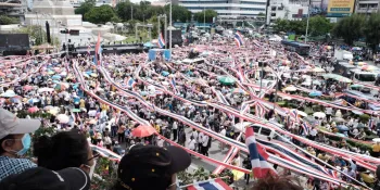 Protesters gathering around the Victory Monument to demand Prime Minister Paetongtarn Shinawatra's resignation.