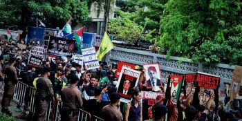 Protesters gathering in front of the Israeli in Bangkok on 4 October