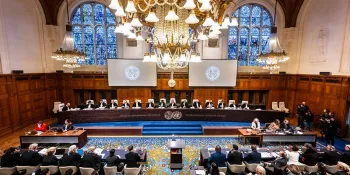 Members of the ICJ during a hearing on the case on the merits of the case concerning Application of the Convention on the Prevention and Punishment of the Crime of Genocide (The Gambia v. Myanmar: 11 States intervening) at the Peace Palace in The Hague.